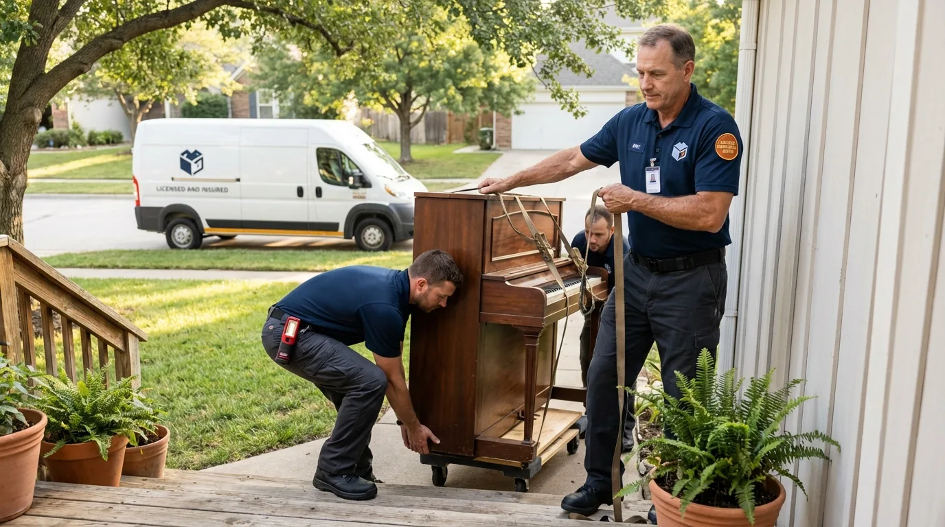 Licensed piano movers securing grand piano in Mount Sinai, NY