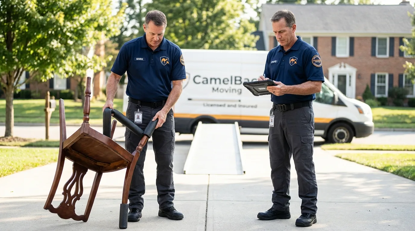 Movers inspecting furniture for damage prevention before loading in Mount Sinai, NY