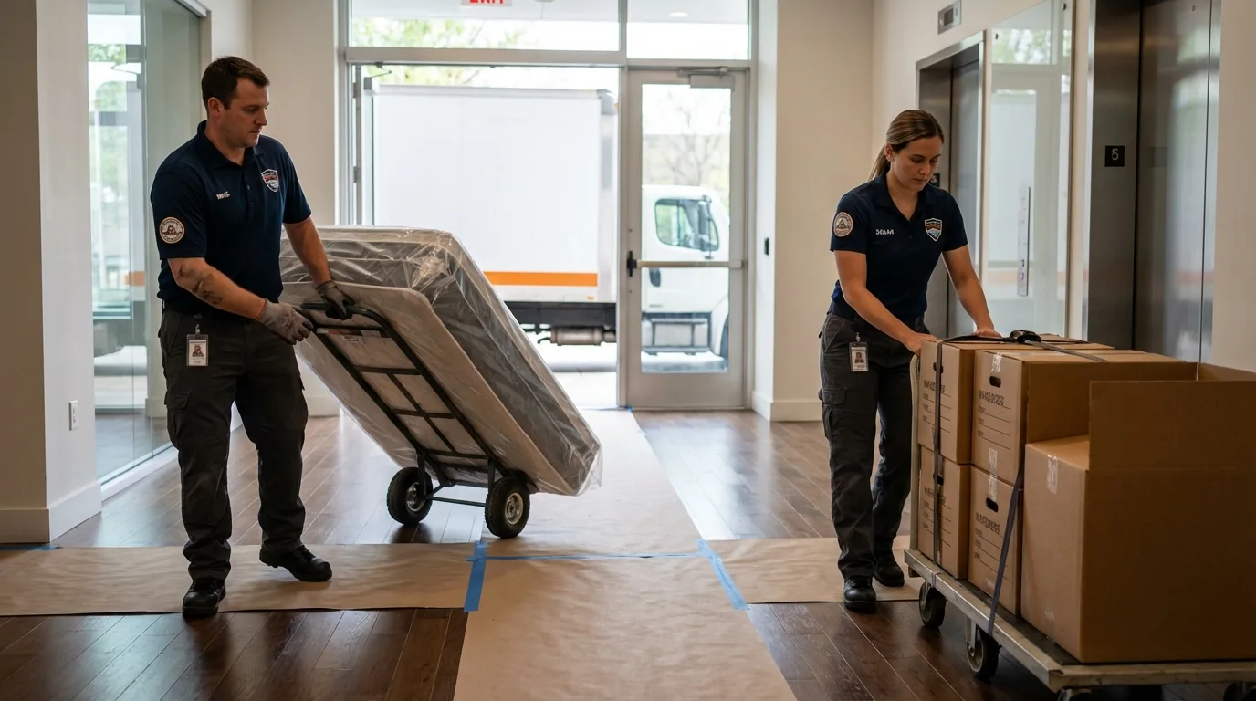 Professional apartment movers loading elevator in Mount Sinai, NY