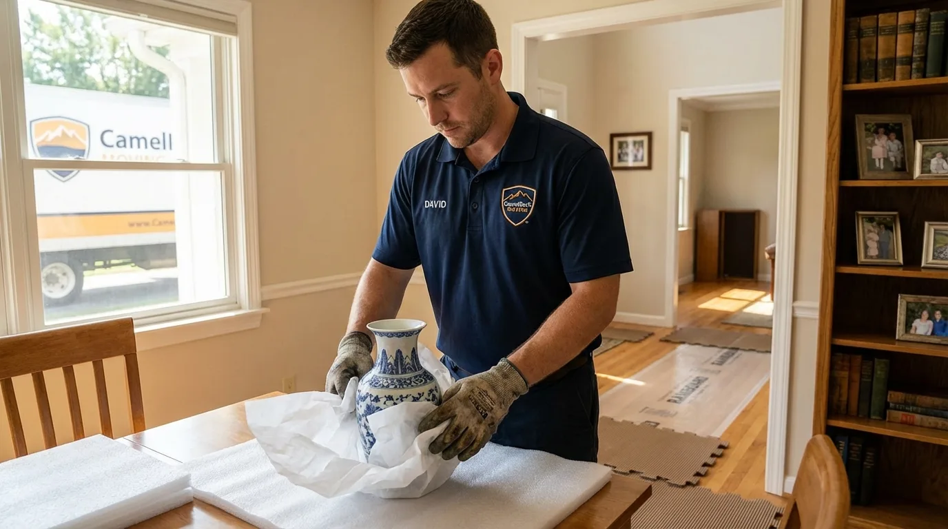 Professional crew carefully wrapping antique vase for senior downsizing move in Mount Sinai, NY