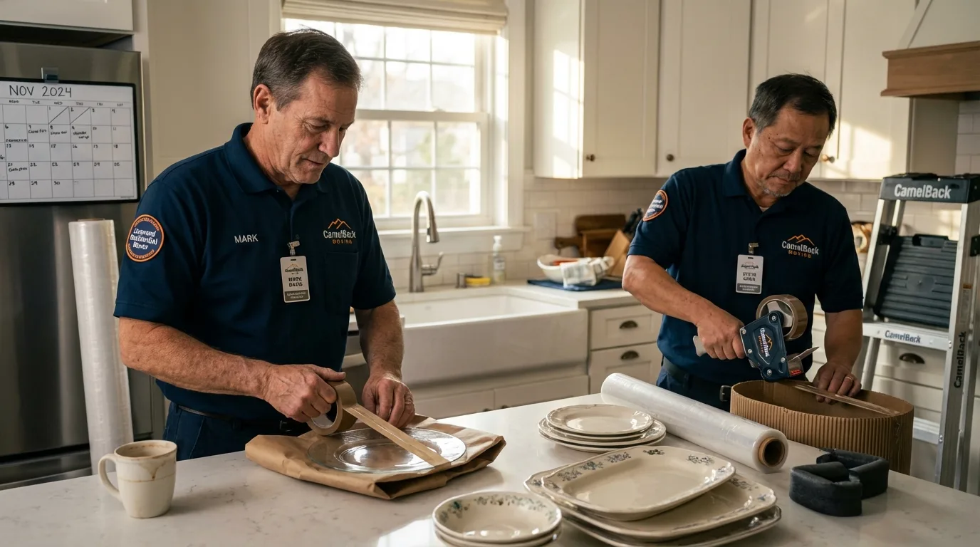 Professional crew packing kitchen dishware in Mount Sinai, NY